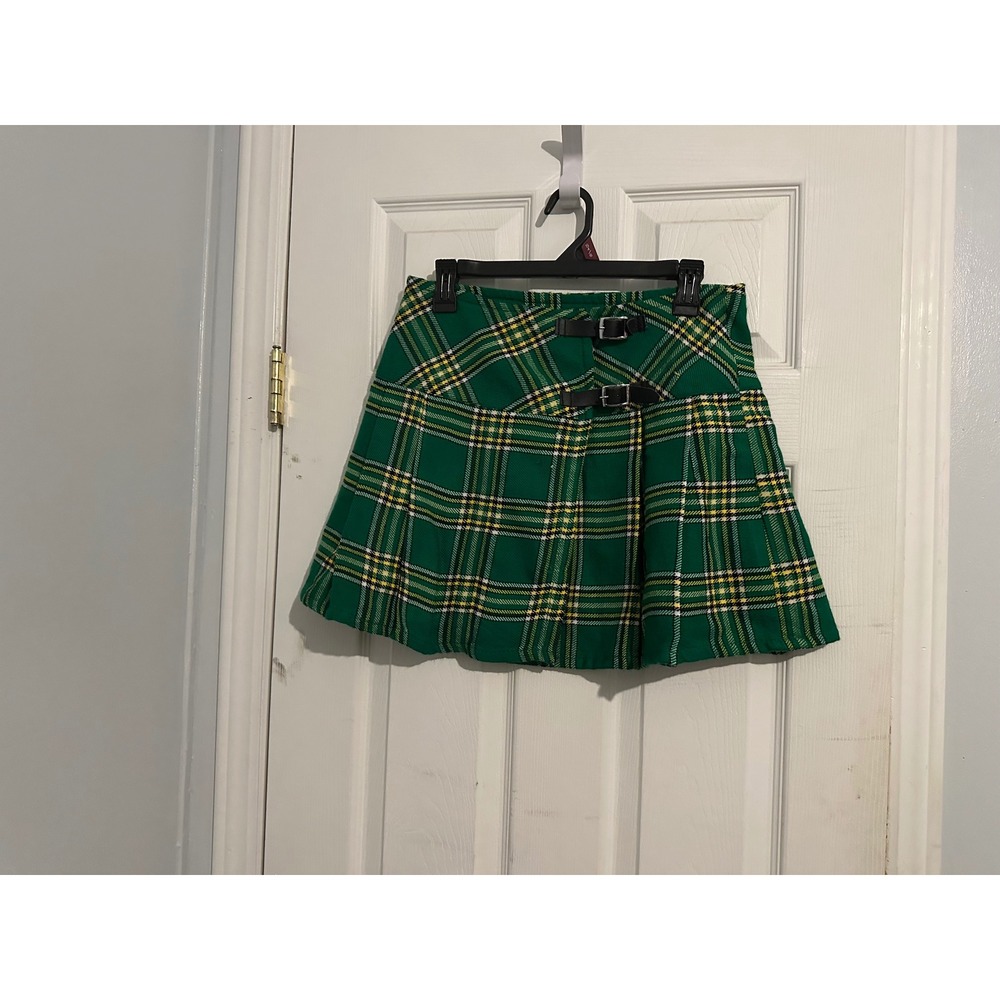 Green Plaid Pleated Mini Skirt Buckle Wrap Tartan Schoolgirl Size 30